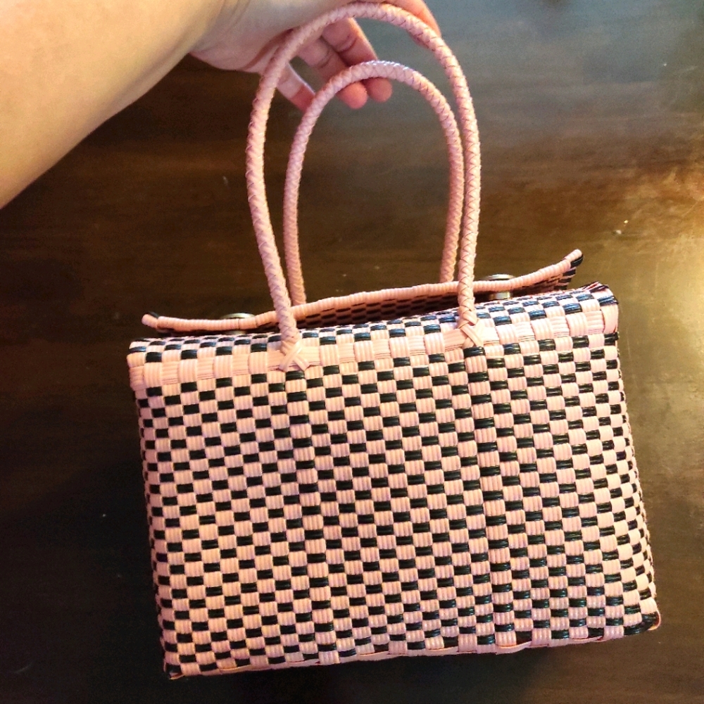 Pink and black checkered box burse